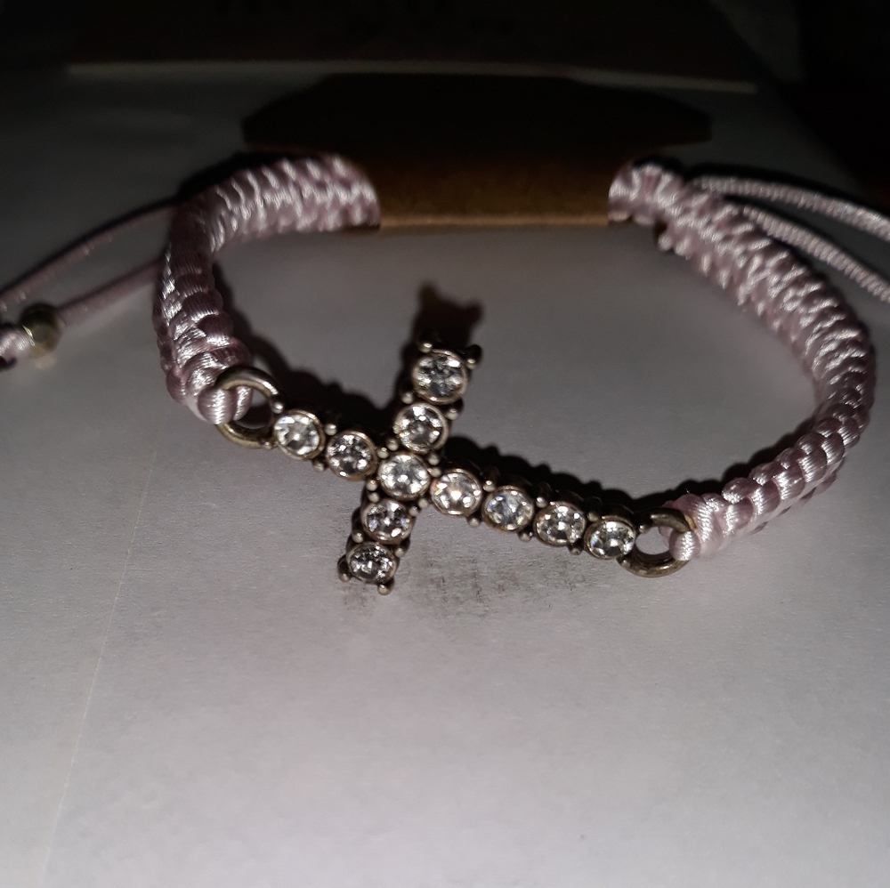 NWT Silver CZ CRYSTAL CROSS Pink Macrame Bracelet Adjustable Hand Crafted NEW